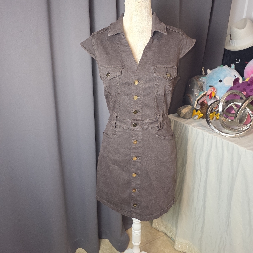 Paige Utility Denim Mini Dress Women’s 4 Brown Button Front Stretch No Belt